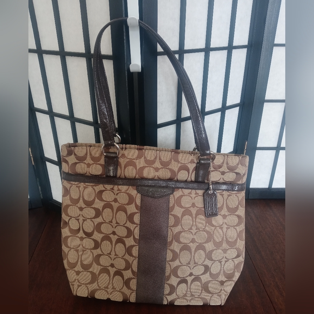 Coach Brown /Beige Canvas And Patent Leather Top Tote